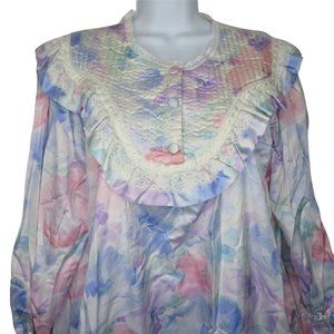 Vintage 70s Charm Long Nightgown M Floral Multicolor Quilted Ruffle Lace USA